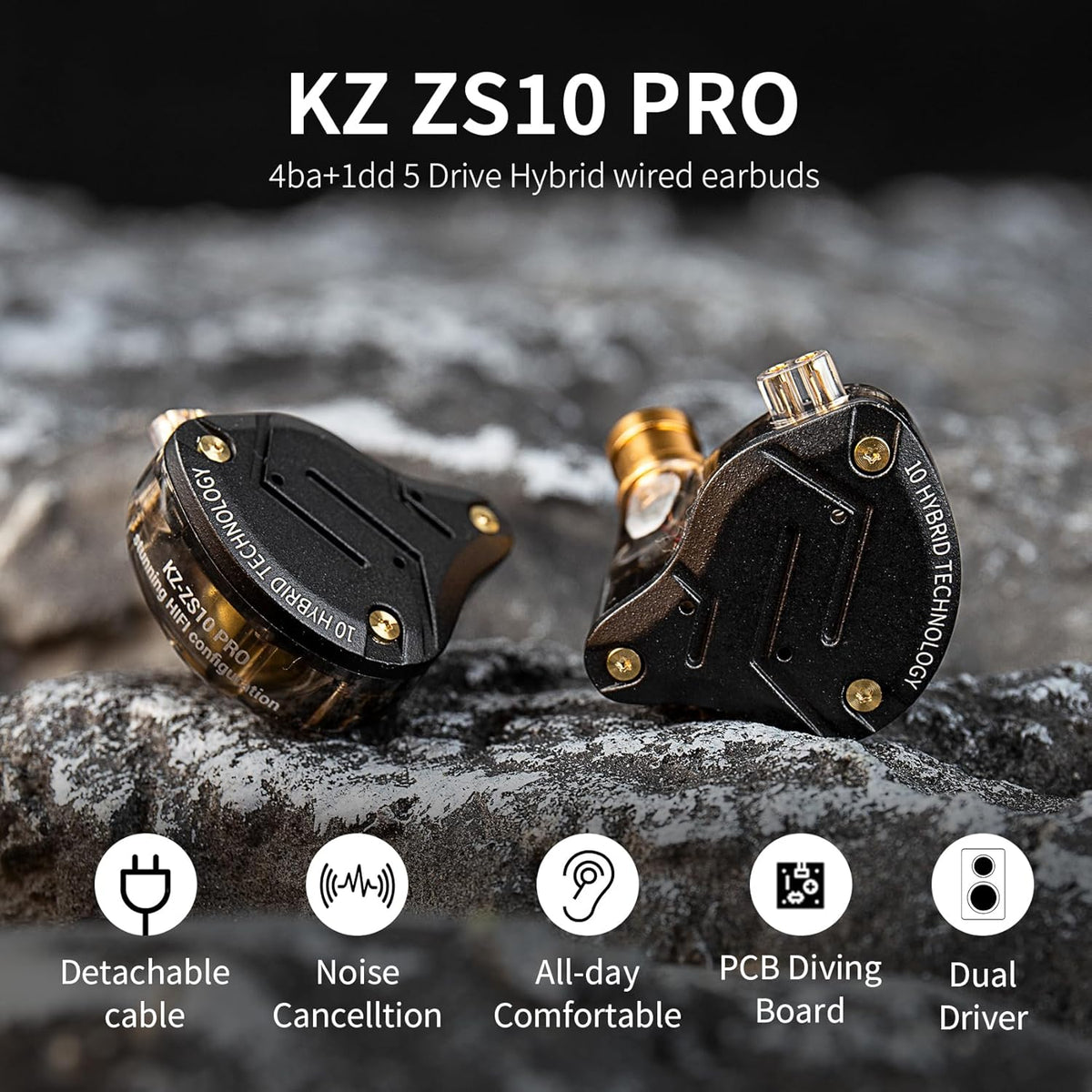 KZ ZS10 Pro Premium In-Ear Monitors - High-Fidelity Gaming Earbuds with 4BA & 1DD Drivers, Upgraded Detachable Cable (Black, No Mic)