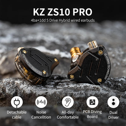 KZ ZS10 Pro Premium In-Ear Monitors - High-Fidelity Gaming Earbuds with 4BA & 1DD Drivers, Upgraded Detachable Cable (Black, No Mic)